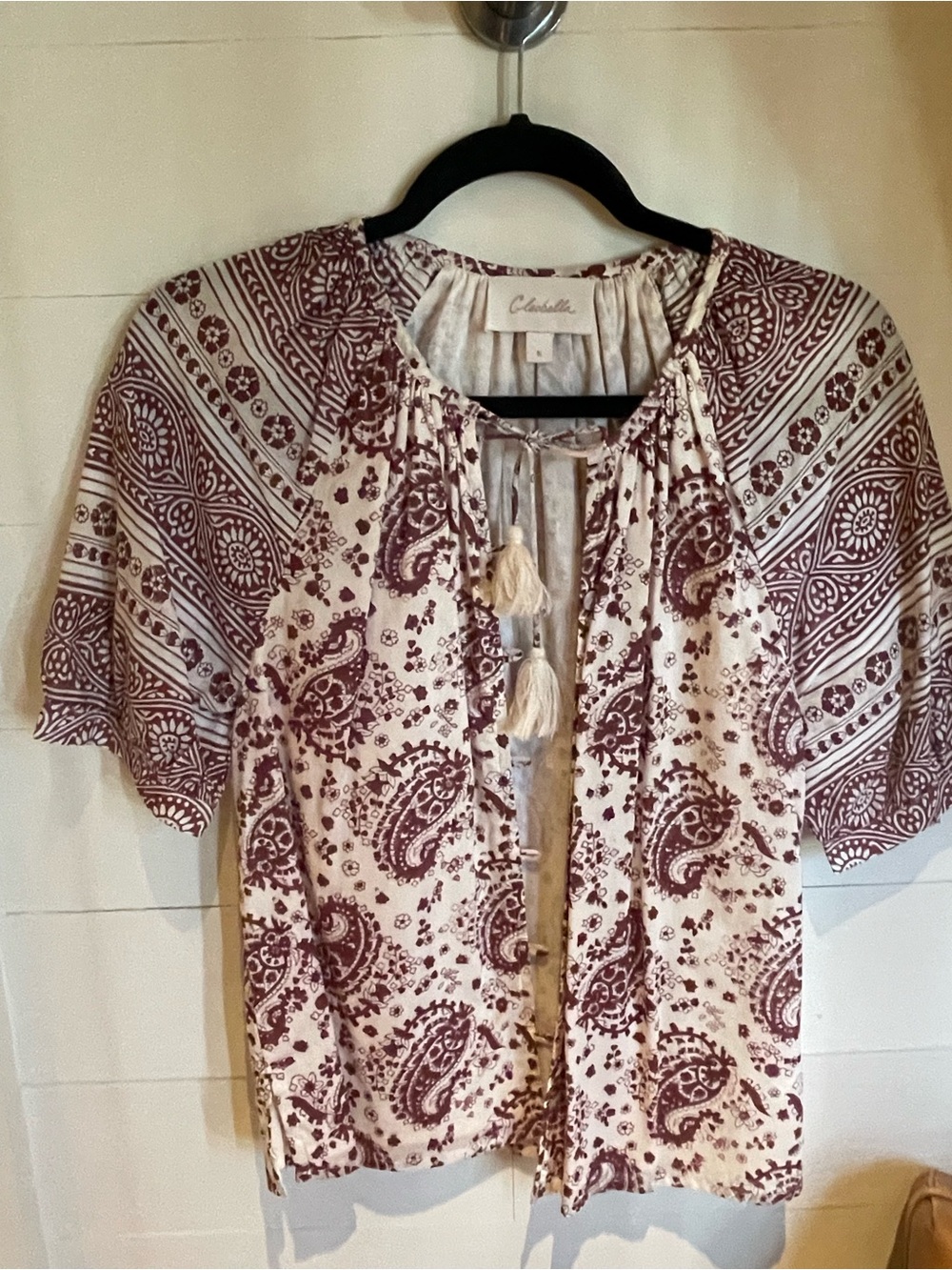 Cleobella Cream and Burgundy Paisley Tie-Front Peasant Blouse